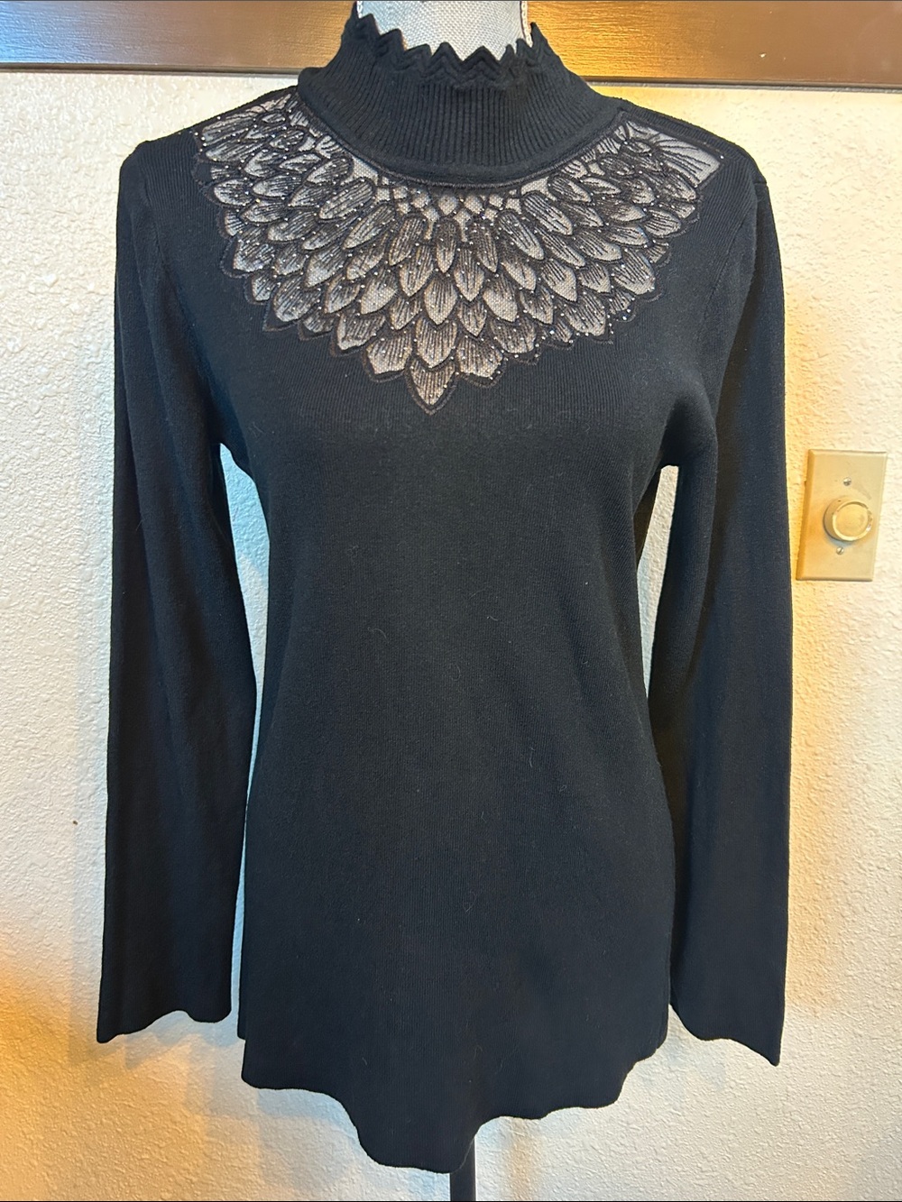 Women's Black Mock Neck Sweater with Lace Yoke